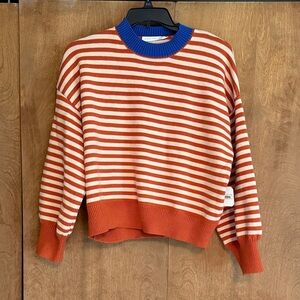 Altar'd State Orange & Cream Striped Crewneck with Blue Trim